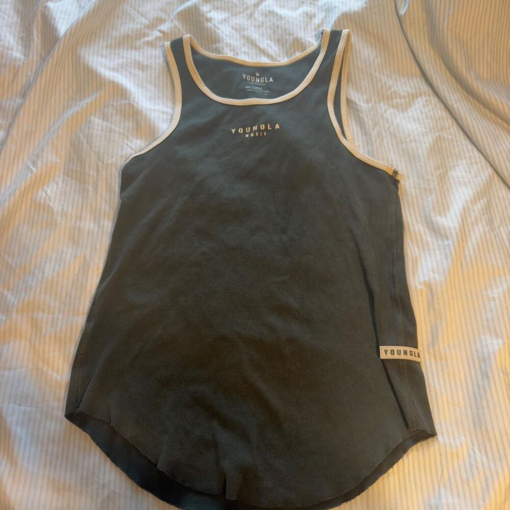 YoungLA Men's L Green Beige Trim Scoop Neck Tank Cotton Lycra Athletic Logo